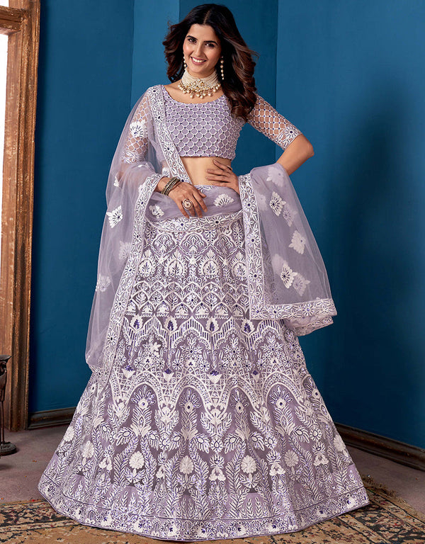 Traditional Function Wear Net Lehenga Choli Lavender Net Lehenga Choli Front View